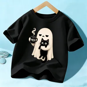 Kids Halloween Ghost Black Cat Print Short Sleeve Cotton T-Shirt Children Casual Tee Summer Holiday Apparel Tops