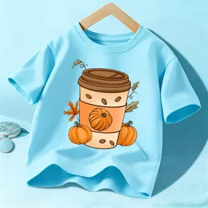 T-Shirt à Manches Courtes Imprimé Tasse Café Citrouille Halloween Enfants Haut Col Rond Coton Décontracté Garçons Filles