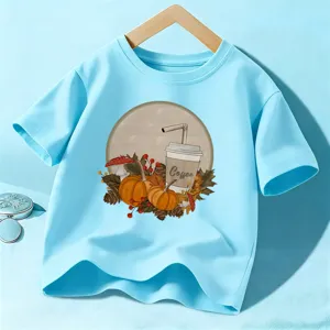 Maglietta a Manica Corta con Stampa Zucca e Caffè per Bambini Bambine Casual in Cotone Girocollo Estiva