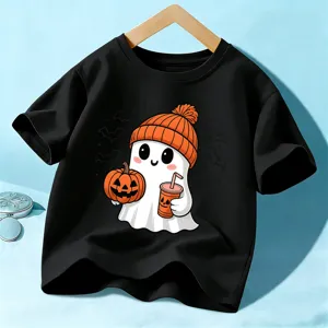 Camiseta de manga corta con estampado de fantasma de Halloween para niños, top negro festivo.