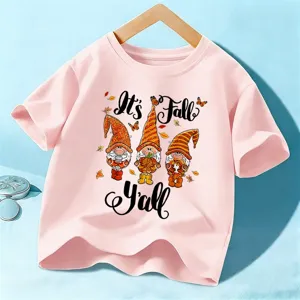 Rosa Kinder Kurzarm T-Shirt mit herbstlichen Zwergen Druck, süßes Grafik Shirt für den Alltag.