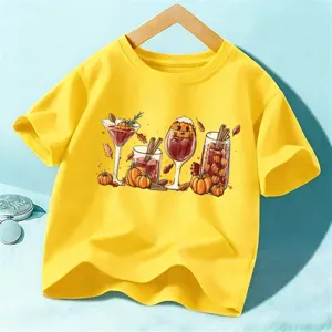T-shirt à manches courtes Halloween pour enfants, haut imprimé cocktail de citrouille amusant.