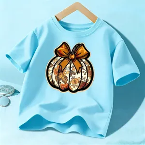 Kids Halloween Pumpkin Bow Print Short Sleeve T-Shirt Unisex Casual Cotton Round Neck Top Boys Girls Festive Apparel
