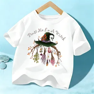 Kids Halloween Witch Hat Graphic Print Short Sleeve T-Shirt White Casual Top Wear