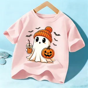 Camiseta Manga Corta Niños Halloween Fantasma Lindo Rosa Top Festivo Casual Infantil