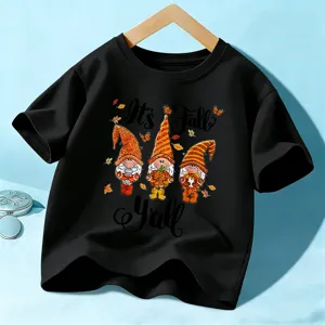 Schwarzes Kinder Kurzarm T-Shirt mit herbstlichen Zwergen Motiv für Herbst Festival Top
