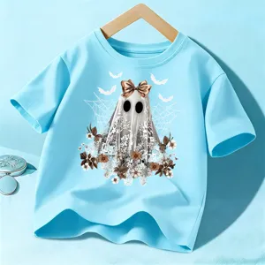 Camiseta de Algodón de Halloween para Niños Casual Manga Corta Cuello Redondo Top Niños Niñas Gráfico de Fantasma Espeluznante Ropa Festiva