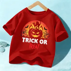 Bambini Halloween T-Shirt Manica Corta Rossa Zucca Grafico Festa Top Bambino
