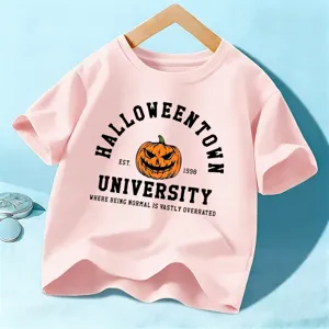 Kids pink Halloween short sleeve T-shirt with spooky pumpkin university graphic design.
