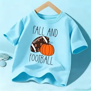 T-shirt manches courtes bleu clair pour enfants avec graphique automne football et citrouille.