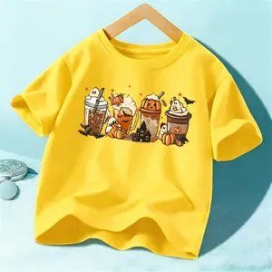 Kids Halloween Short Sleeve T-Shirt Cute Pumpkin Ghost Graphic Yellow Tops Boys Girls