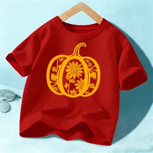 Kids red short sleeve t-shirt with yellow pumpkin sunflower print, casual holiday top for children.