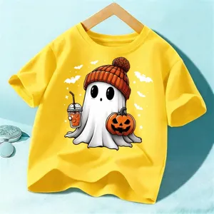 Kids Halloween Ghost Graphic Short Sleeve T-Shirt Yellow Casual Holiday Top Tee