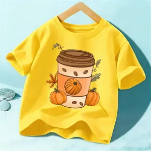 Joli t-shirt jaune enfant avec imprimé citrouille d'Halloween, haut de vacances confortable et mignon.