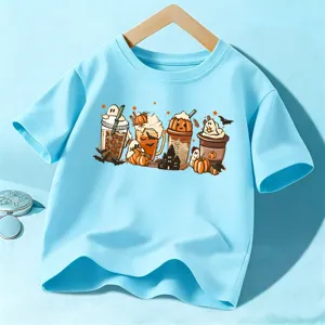 Kids Halloween T-Shirt Short Sleeve Cute Pumpkin Ghost Graphic Top for Boys and Girls