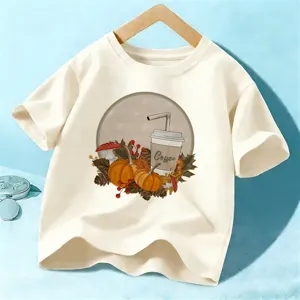 T-shirt manica corta Halloween autunno bambini simpatico top stampa zucca caffè per ragazzi e ragazze