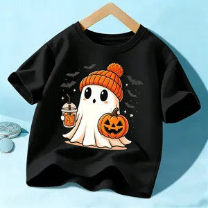 Camiseta Halloween niño manga corta negra linda gráfica de fantasma para niños y niñas