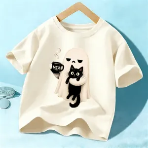 Kids Halloween Cute Ghost Black Cat Graphic Print Short Sleeve Crewneck Casual Cream T-Shirt