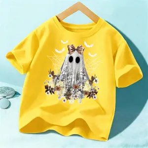 Camiseta de Halloween amarilla para niños manga corta lindo fantasma estampado parte superior