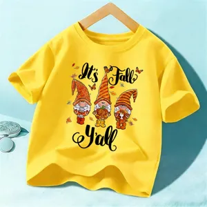 Helles gelbes Kinder Kurzarm T-Shirt mit niedlichem Herbst Zwerg Grafikdesign und Print.