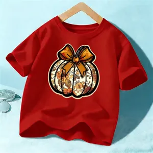 Kids Halloween short sleeve red t-shirt cute pumpkin bow graphic children top casual wear