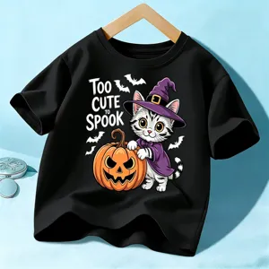 Kids Halloween short sleeve t-shirt black cute cat pumpkin graphic print tee top apparel