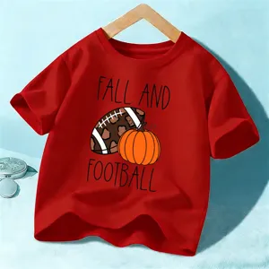 T-shirt rouge à manches courtes pour enfants avec motif automne football et citrouille