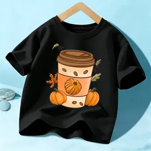 T-shirt noir pour enfants manches courtes avec motif tasse de cafe citrouille vue principale