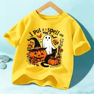 Kids Halloween yellow t-shirt short sleeve cute ghost pumpkin graphic top main view