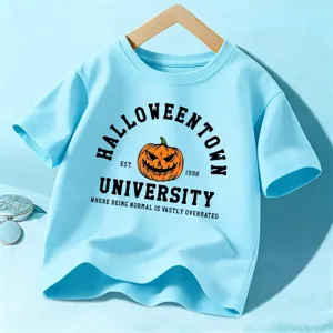Kids Halloween short sleeve t-shirt light blue casual top with funny pumpkin print
