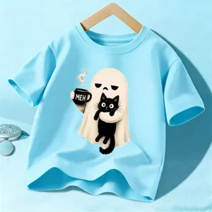 Kids cute Halloween short sleeve T-shirt, light blue casual top for boys and girls.