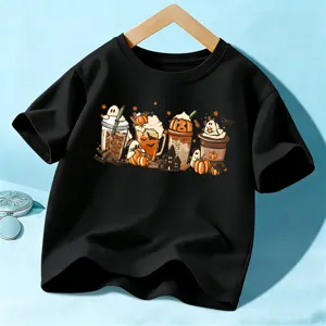 Kids Halloween short sleeve black t-shirt, cute ghost pumpkin drink graphic top for boys and girls.