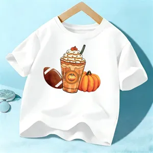 Maglietta bianca a maniche corte per bambini con stampa autunnale zucca e caffè di Halloween.