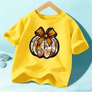 Kids Halloween short sleeve t-shirt yellow pumpkin bow graphic top for boys and girls.