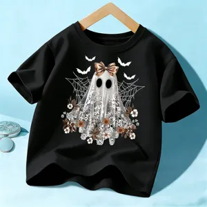 Camiseta negra de manga corta de Halloween para niños con bonito estampado de fantasma, parte superior.
