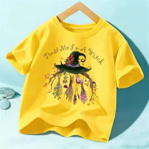 Kids Halloween yellow short sleeve t-shirt with funny witch hat graphic print top for children.