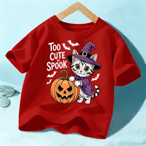 Kids Halloween short sleeve t-shirt, cute witch cat and pumpkin graphic holiday top.