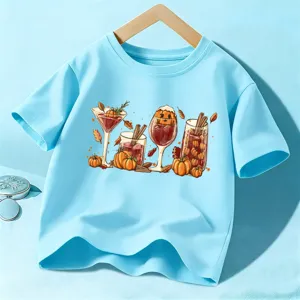 T-shirt manches courtes Halloween pour enfants, haut graphique cocktail citrouille automne.