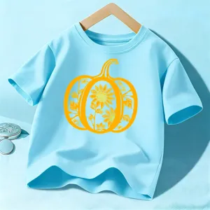 Kids short sleeve t-shirt with cute pumpkin sunflower graphic for Halloween daily wear top.