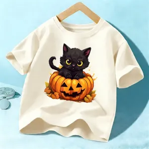 Cute Halloween black cat pumpkin print children short sleeve beige t-shirt main view