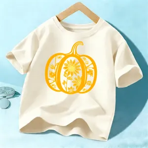 Kids Halloween pumpkin sunflower t-shirt casual short sleeve graphic tee for boys and girls.
