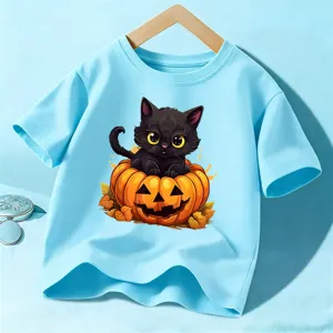 Kids light blue short sleeve t-shirt featuring a cute black cat in Halloween pumpkin graphic main view