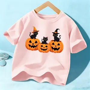 Maglietta a Manica Corta di Halloween per Bambini Ragazzi Ragazze Simpatico Gatto Nero Zucca Grafica Girocollo Casual Cotone Top Abbigliamento Bambini