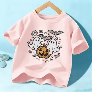 T-shirt manica corta Halloween bambini rosa simpatico fantasma zucca top casual