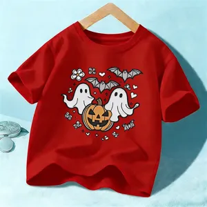 Maglietta manica corta Halloween per bambini, top festivo con stampa fantasma zucca per ragazzi.