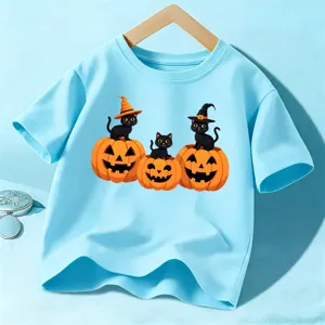 Bambini Halloween Maglietta Manica Corta con Carino Gatto Nero Zucca Stampa Top Blu