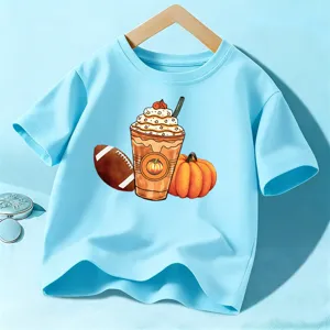 Kids Halloween Pumpkin Print Short Sleeve T-Shirt Casual Pure Cotton Unisex Children Holiday Tops Apparel