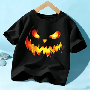 T-Shirt à Manches Courtes Imprimé Citrouille d'Halloween pour Enfants Garçons Filles Haut Décontracté en Coton Col Rond Vêtement de Fête