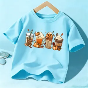 Kids Halloween Pumpkin Coffee Print Short Sleeve T-Shirt Cotton Unisex Children Casual Holiday Tops