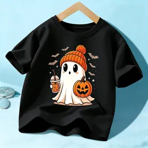Enfants Halloween T-Shirt Noir Mignon Fantôme Citrouille Graphique Haut Bambin Vacances Manches